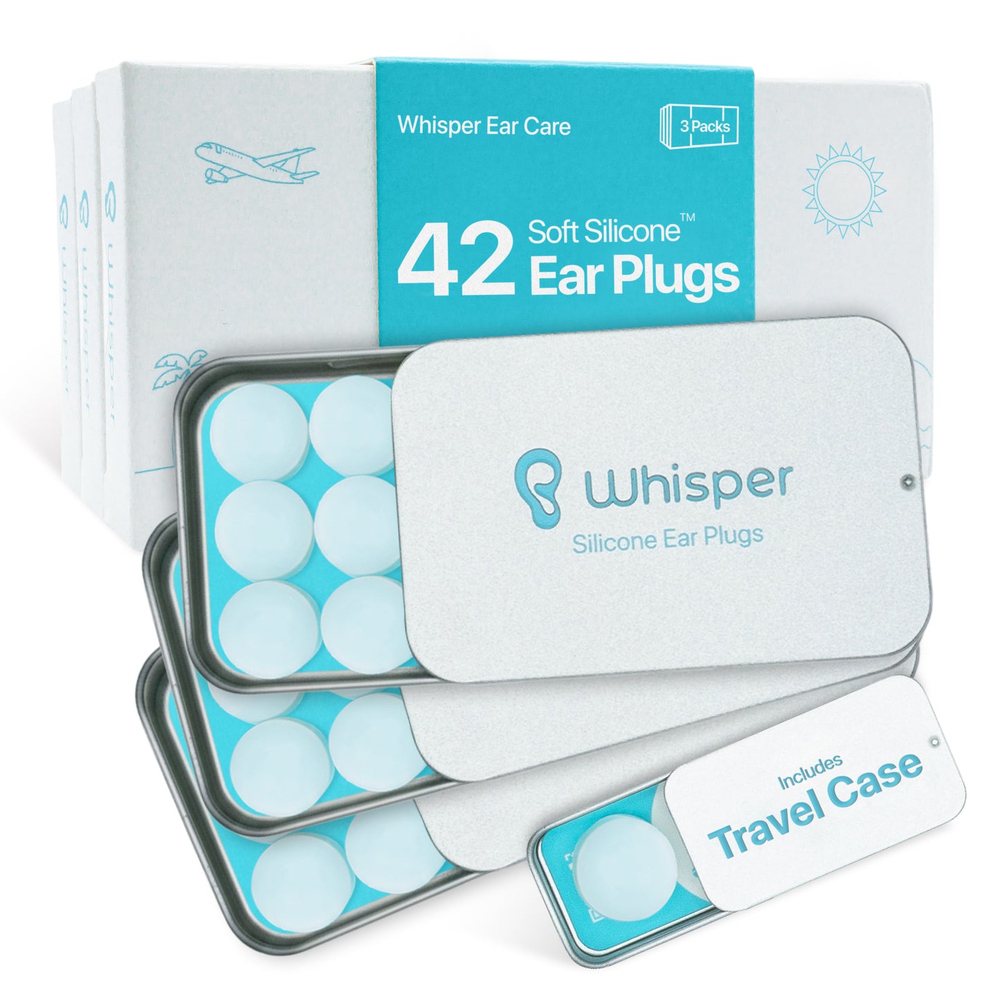 Whisper Ear Plugs | Soft Silicone | Reusable Silicone Ear Plugs for Swimming, Sleep, Travel, Noise & Snoring | Moldable Comfort Fit Wax Earplugs for Sleep | Waterproof Swim Ear Plugs Adults