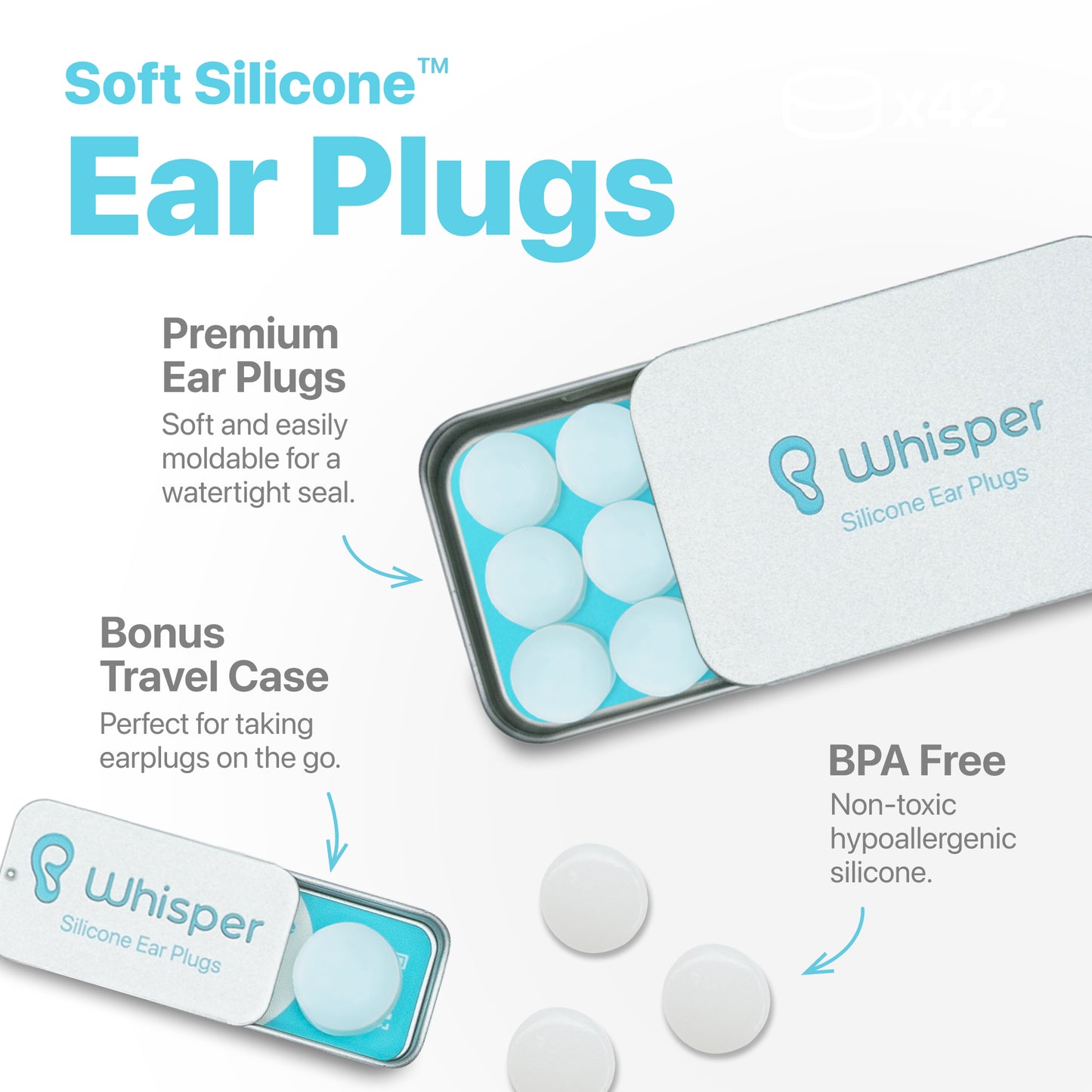 Whisper Ear Plugs | Soft Silicone | Reusable Silicone Ear Plugs for Swimming, Sleep, Travel, Noise & Snoring | Moldable Comfort Fit Wax Earplugs for Sleep | Waterproof Swim Ear Plugs Adults